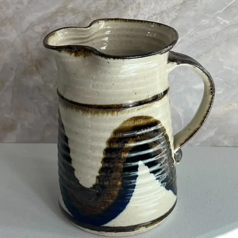 Studio Art Pottery Pitcher Vase Hand Thrown Glazed Brown Shades Stoneware Glossy